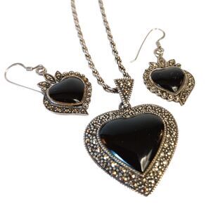 Vintage Heart Necklace & Pierced Earrings Marcasite Black Onyx Sterling Silver